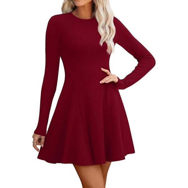 Women's Crew Neck Ribbed Knit Fit Flare A-Line Sweater Dress (Various)