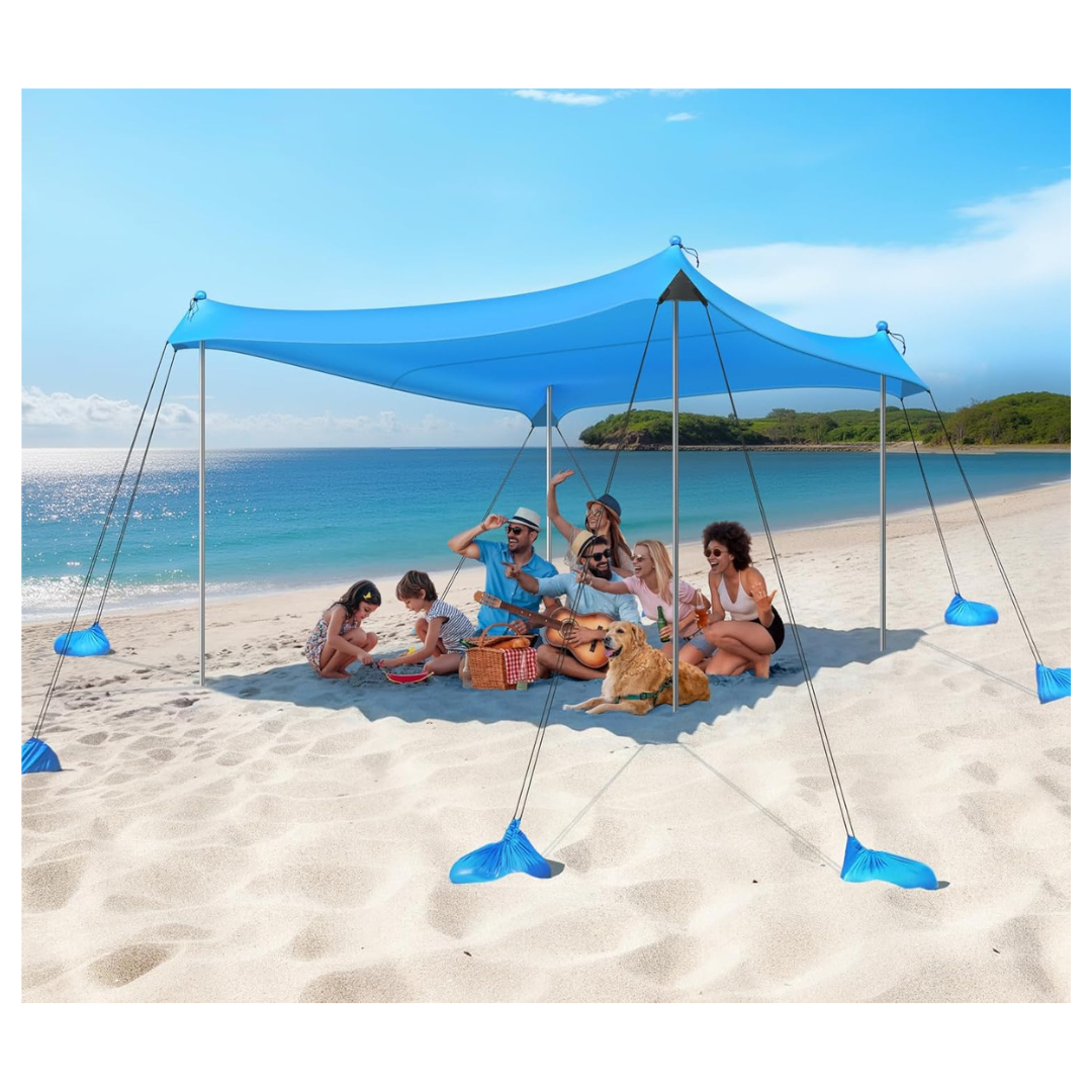 10 Feet x 10 feet UPF50+ Beach Tent With 8 Sandbags 4 Stability Poles (Blue)