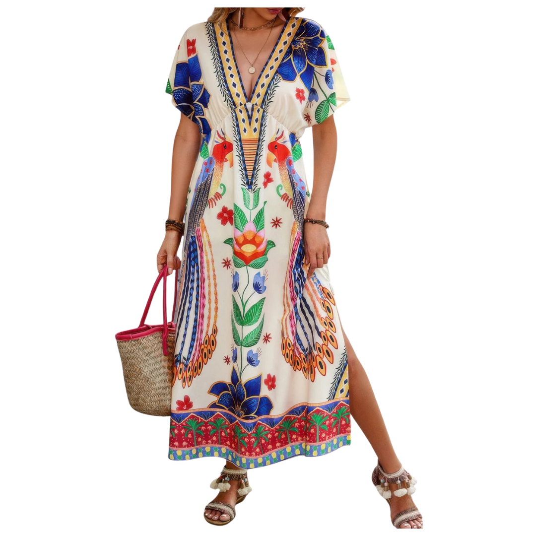 Truedames Women's Floral Deep V Neck Batwing Sleeve Fit Dress