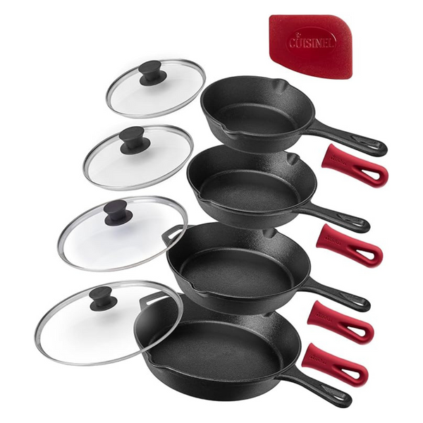 Cuisinel 6"+8"+10+12" Cast Iron Skillets Set With Glass Lids
