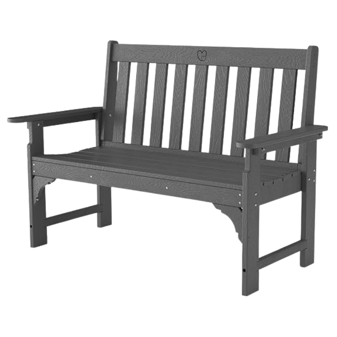 2-Person HDPE Garden Outdoor Bench With Heart Detail & Wood Grain