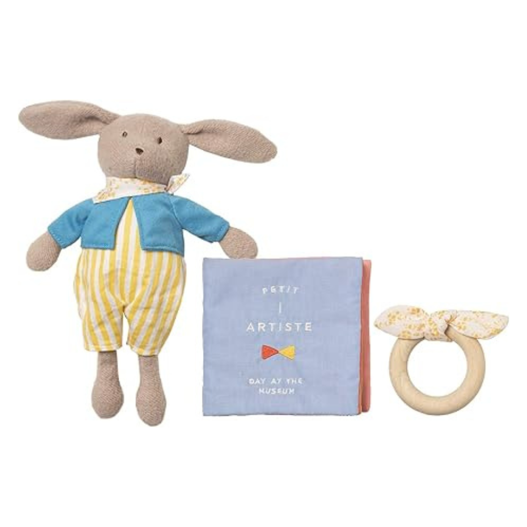 Manhattan Toy Petit Artiste Bunny Doll, Soft Book, & Wooden Teether Baby Toy