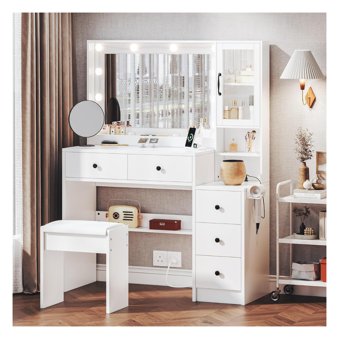 35.24" Vanity Desk With Lighted Mirror & Charging Station
