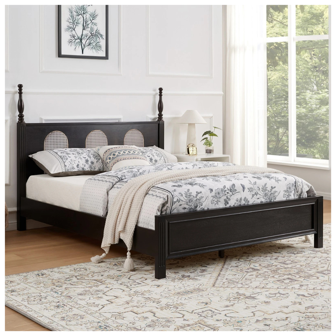 FlexiSpot Queen Mid Century Solid Wood Bed Frame With Woven Rattan Headboard