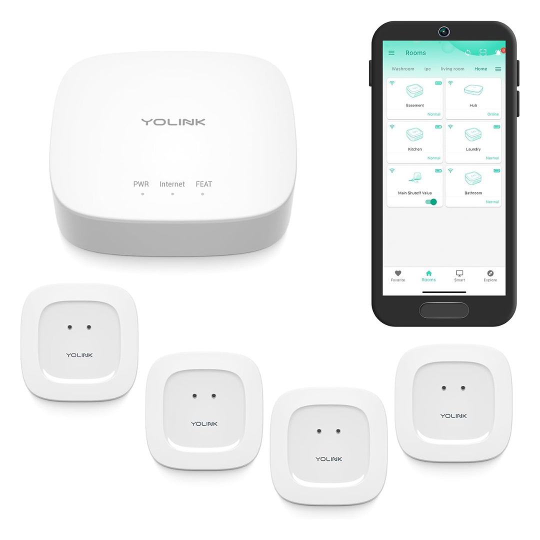YoLink Water Leak Detection Smart Starter Kit With Hub & 4-Pack Sensors