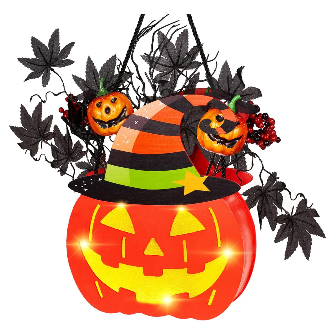 10" Pumpkin Lighted Big Jack-O-Lantern With Maple Leaves