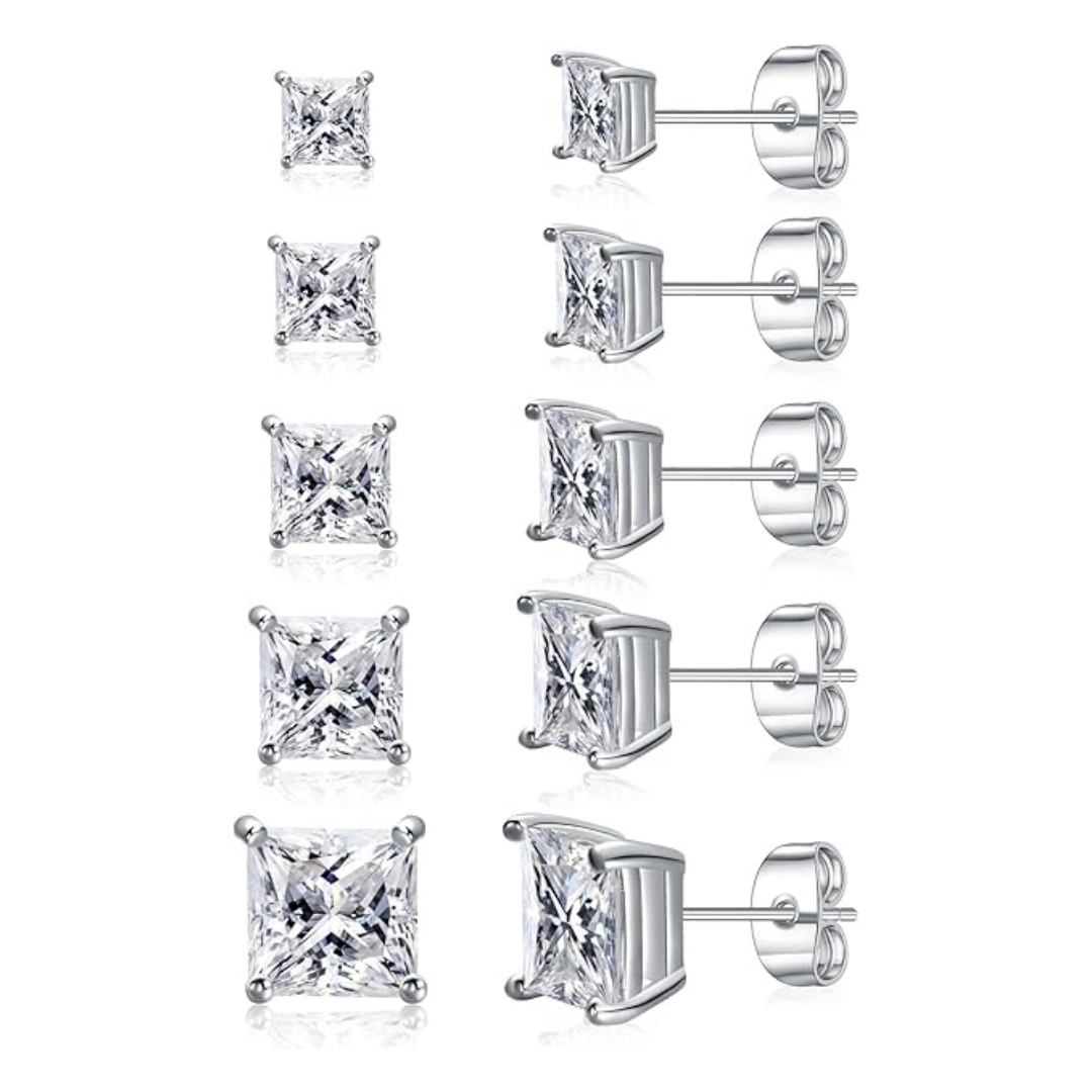 5-Pairs Princess Cut Cubic Zirconia Stud Earrings (2 Color)