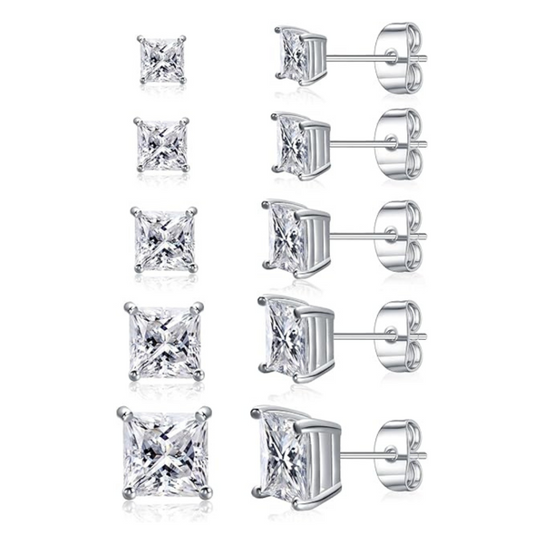 5-Pairs Princess Cut Cubic Zirconia Stud Earrings (2 Color)