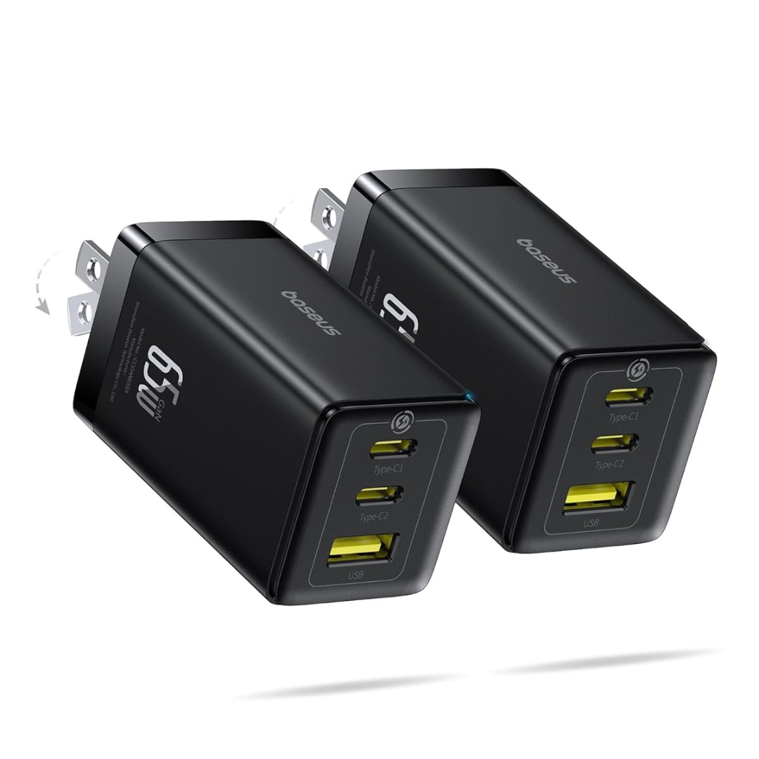 2-Pack Baseus 65W Foldable GaN USB C Charger Block + Baseus USB C Charging Cable