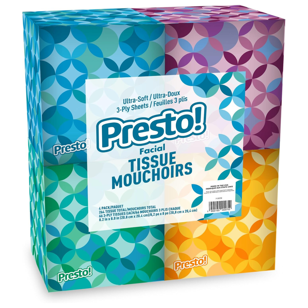 264-Count (4x66-ct.) Presto! Ultra-Soft 3-Ply Premium Facial Tissues