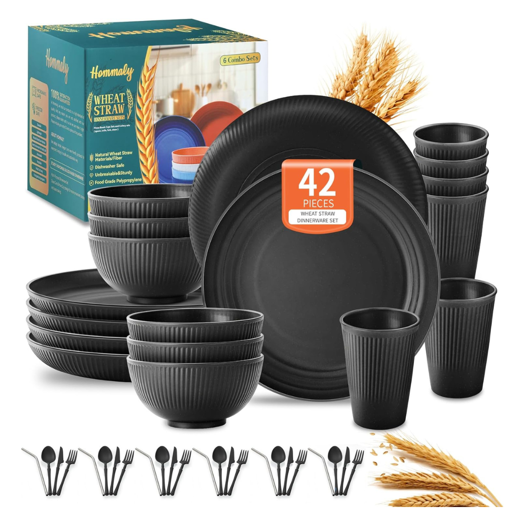 42-Piece Reusable Plates & Bowls Wheat Straw Dinnerware Sets