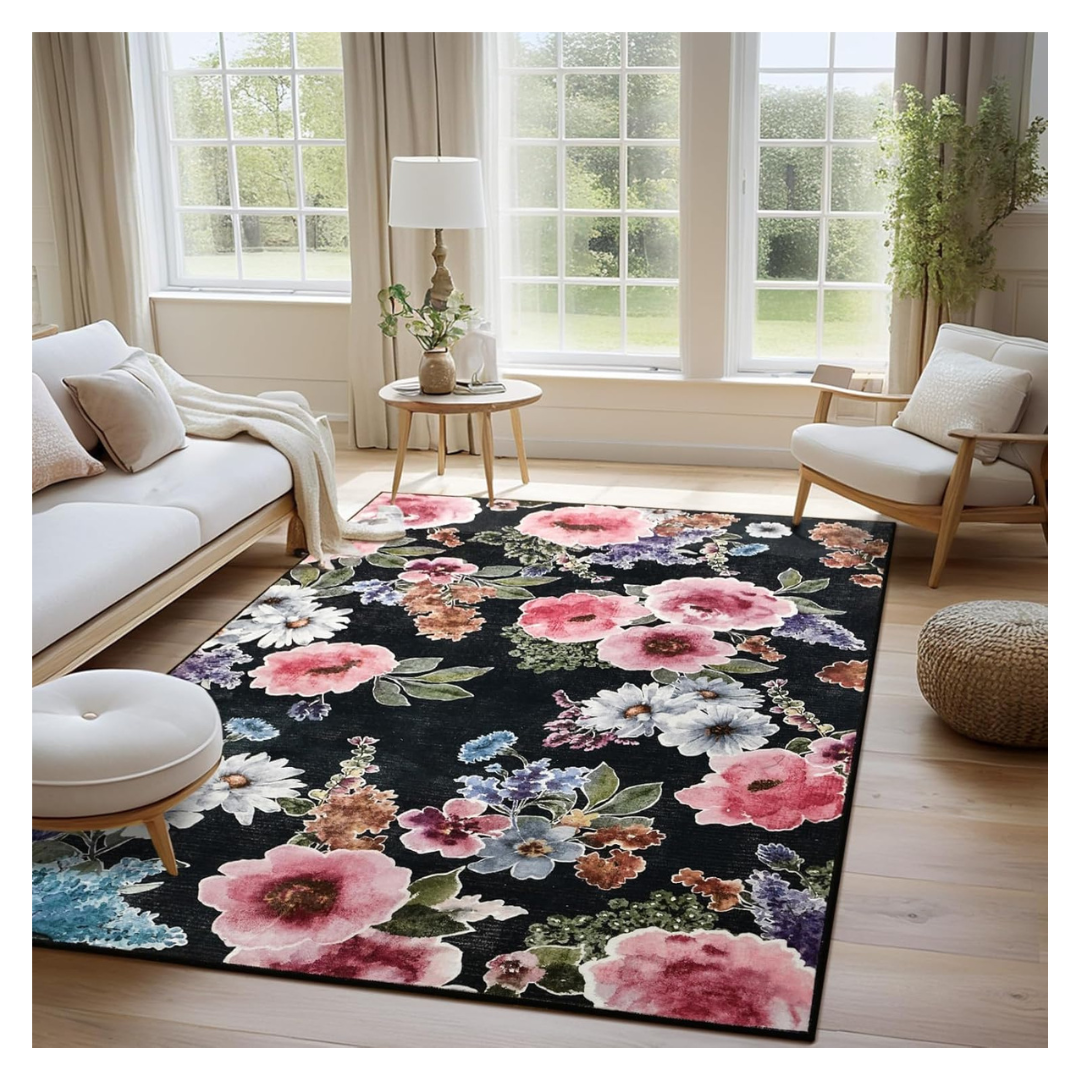 Comeet Floral Washable 3' x 5' Low Pile Non Slip Soft Area Rug