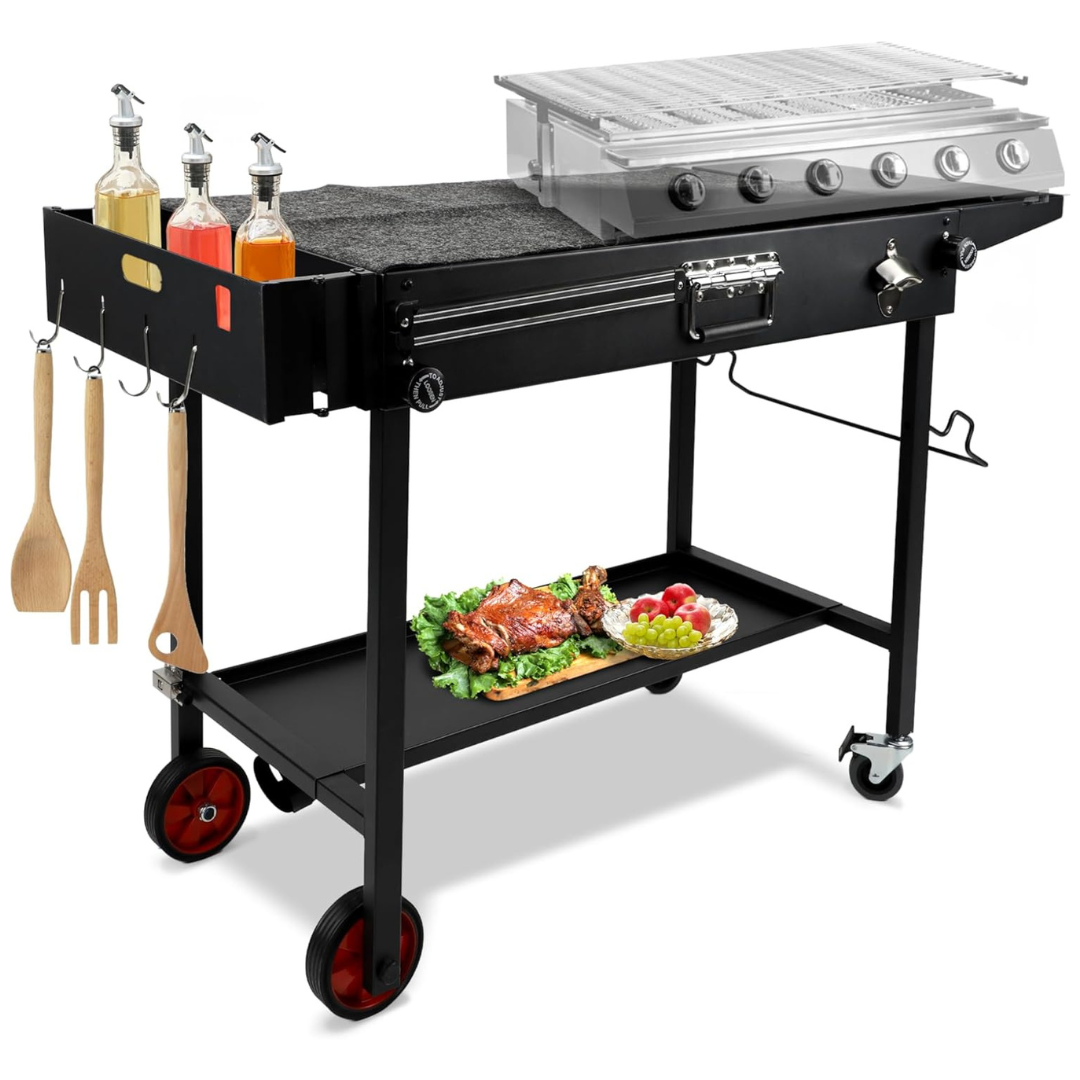 Portable Double Layers Folding Outdoor Grill Table with Wheels