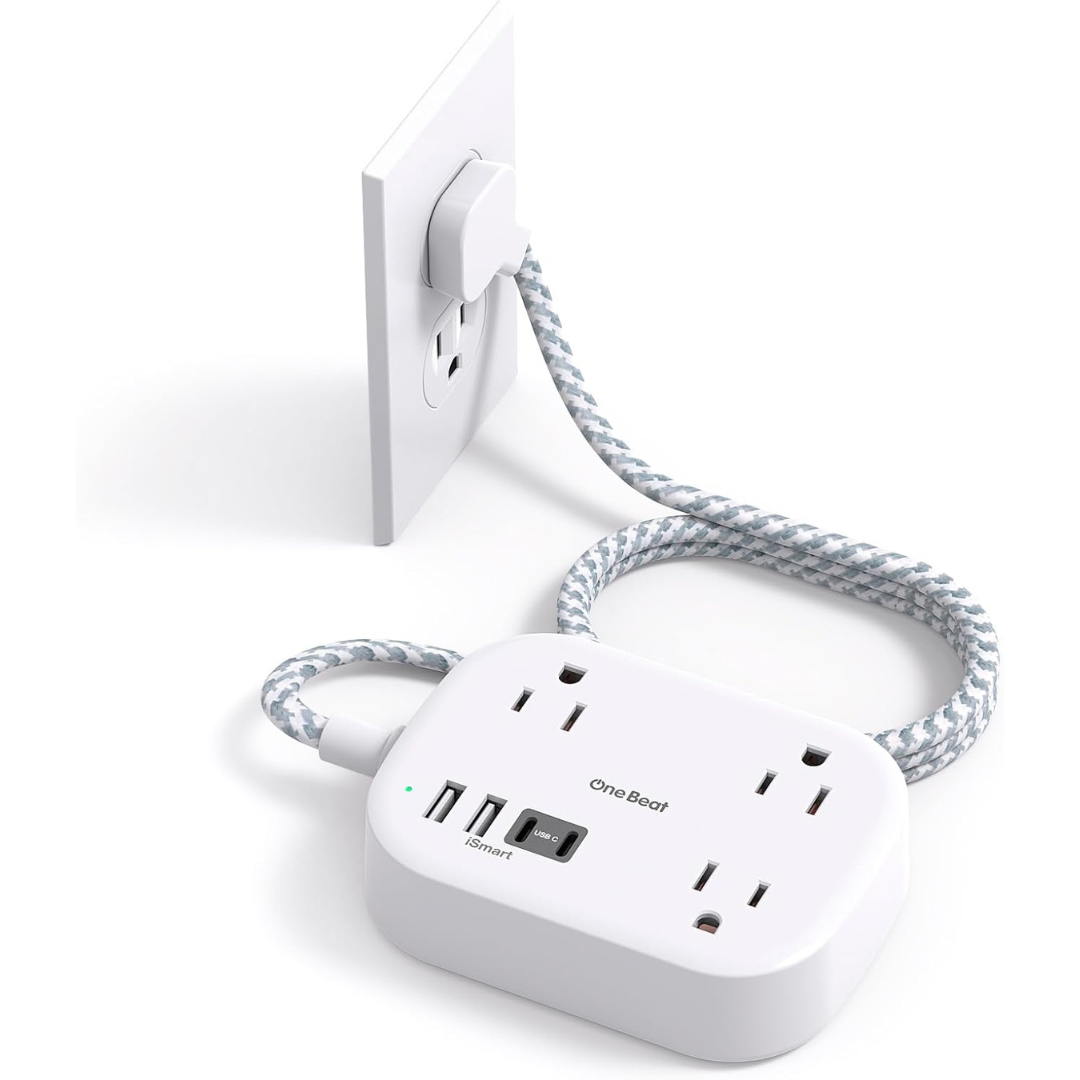 Travel Power Strip with 3 Outlets 4 USB Ports, 5 ft Extension Cord