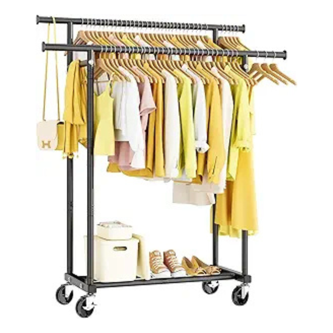 HYSEYY Double Rod Rolling Metal Clothes Rack (Black)