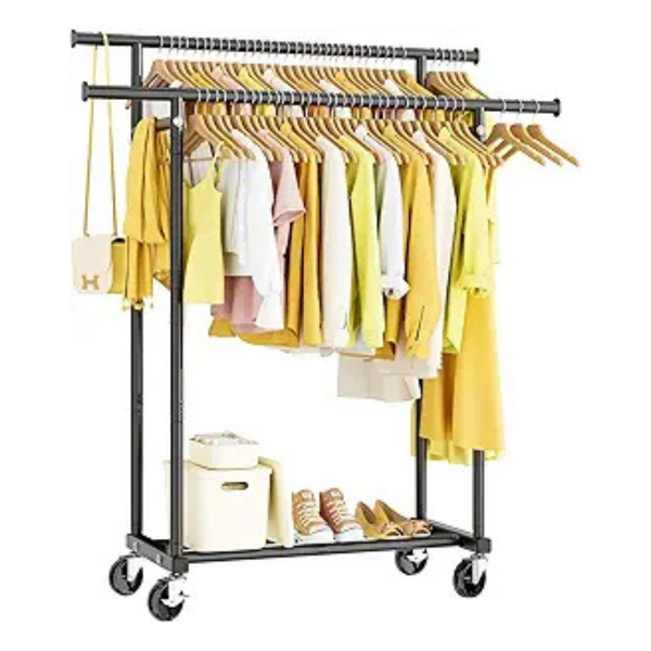 HYSEYY Double Rod Rolling Metal Clothes Rack (Black)