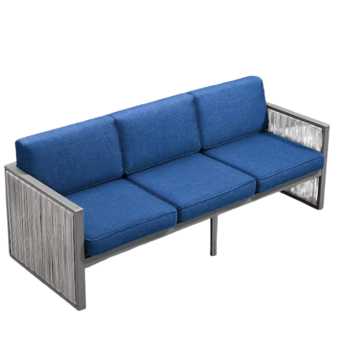 Opohoro SquareChic Metal And Light Beige Wicker Outdoor 3-Seat Sectional Couch Sofa With Olefin Navy Blue Cushions