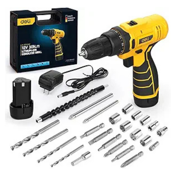 DELI 12V Cordless Drill Set with 18+1 Torque Settings & 2.0Ah Battery
