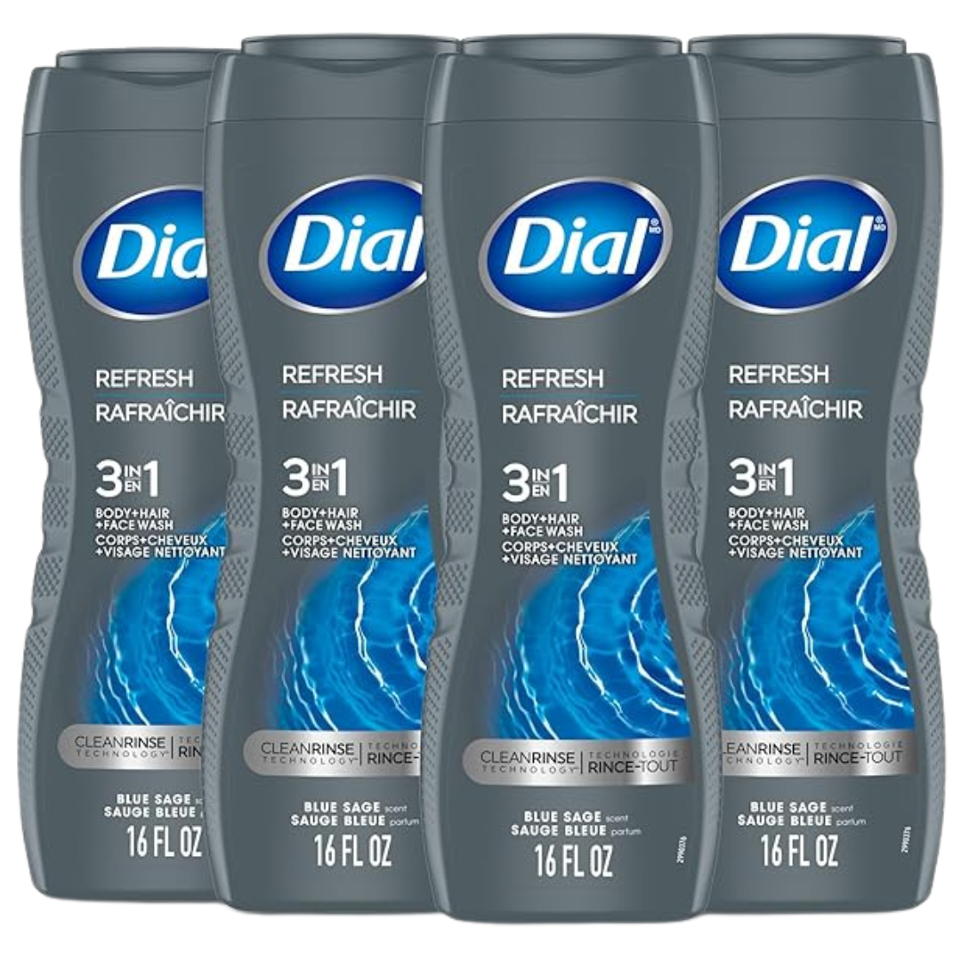 4 Bottles Of Dial Men 3-In-1 Body, Hair And Face Wash, Blue Sage Scent (16 Fl Oz Bottles)