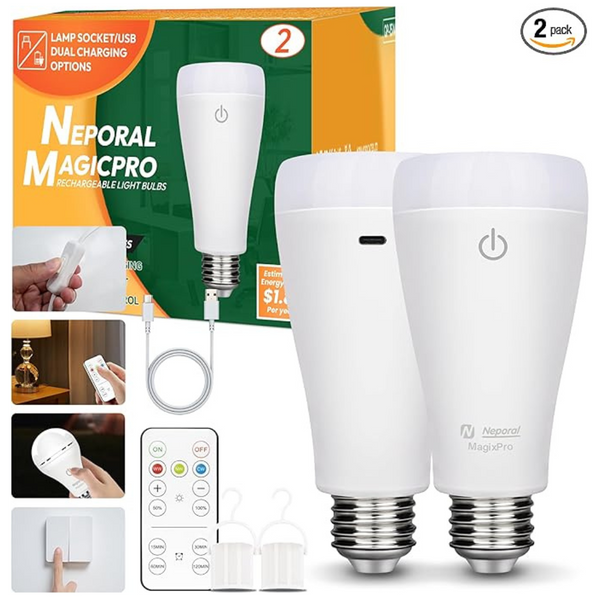 2-Pack Neporal MagixPro Rechargeable Light Bulbs With Remote
