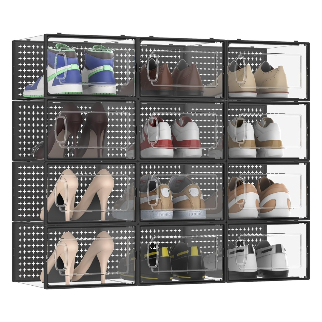 12-Pack Large Modular Clear Plastic Stackable Shoe Organizer