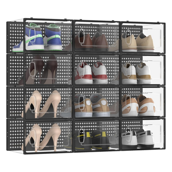 12-Pack Large Modular Clear Plastic Stackable Shoe Organizer