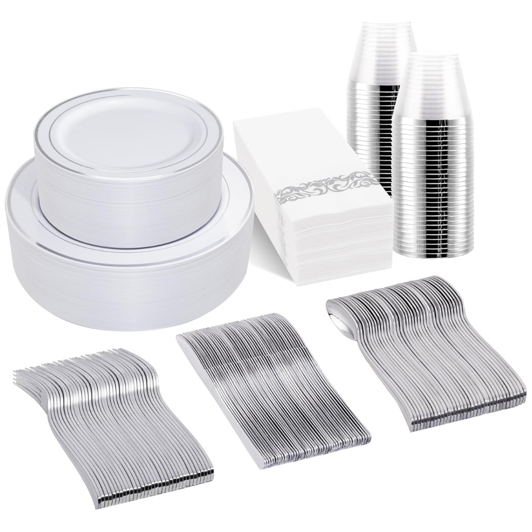 BUCLA 350 Pcs Silver Plastic Dinnerware Set For 50 Guests