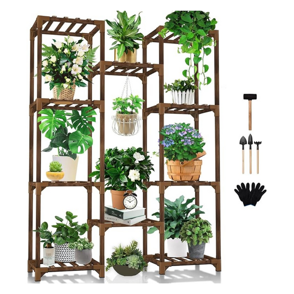 Wood 10-Tiers 11-Pot Plant Holder Shelf