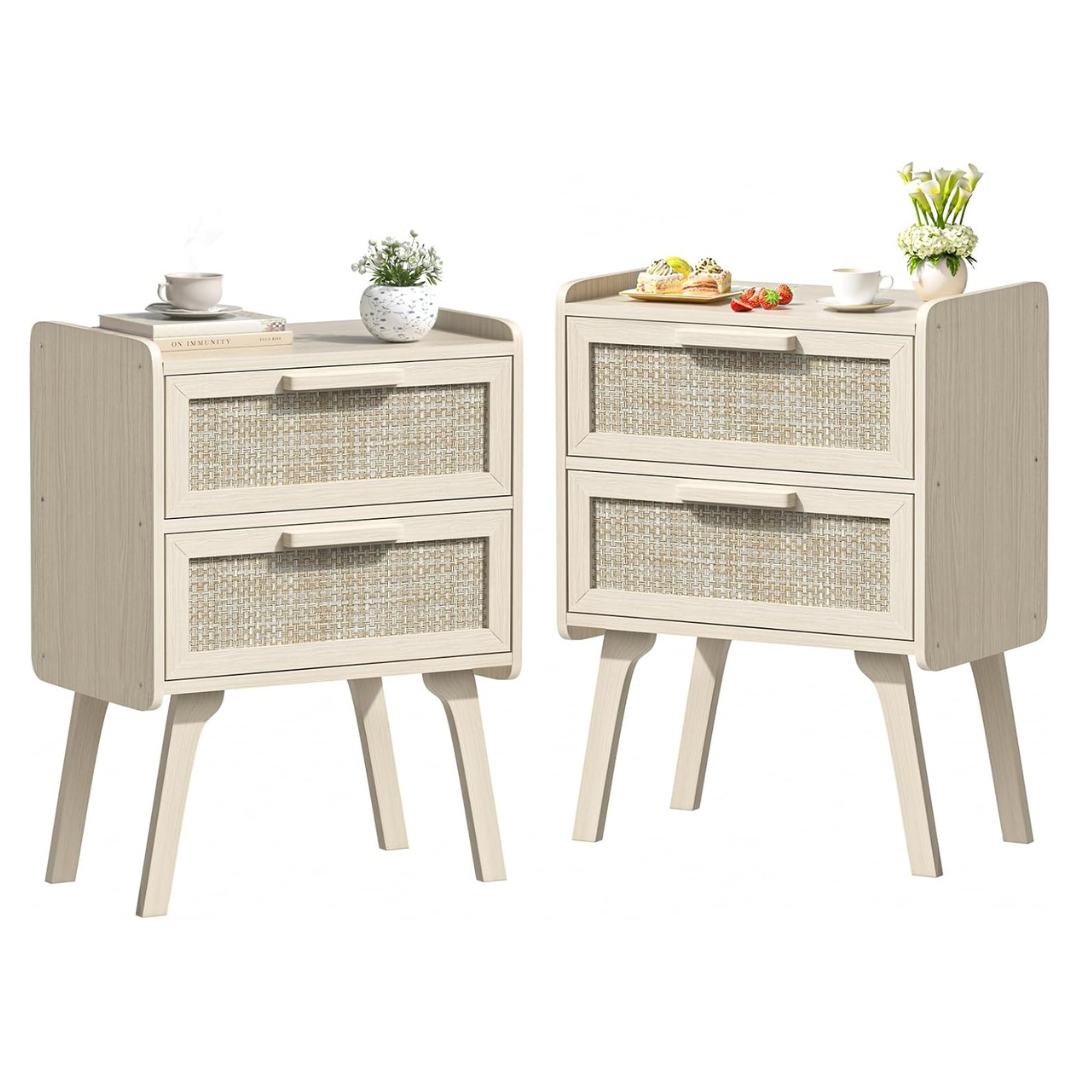 Set Of 2 Lerliuo Rattan Boho 2 Drawers Nightstand
