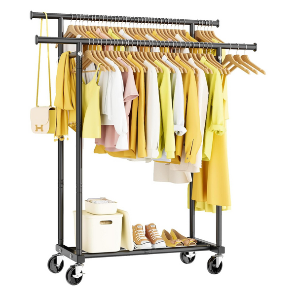 HYSEYY Double Rod Rolling Metal Clothes Rack (Black)
