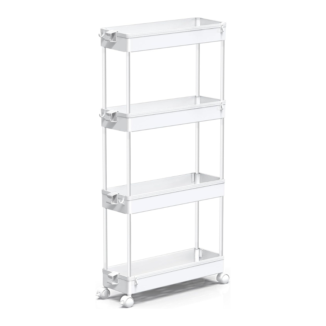 4-Tier Spacekeeper Slim Rolling Storage Cart (White)