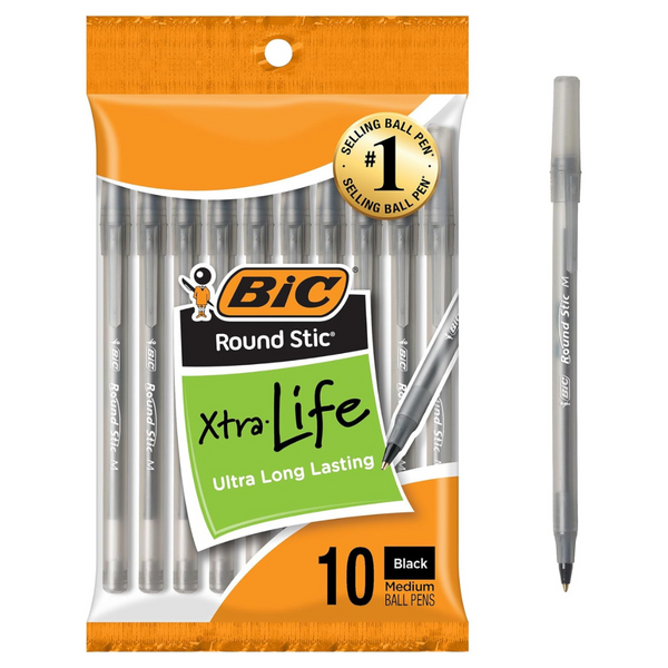 10-Count BIC Round Stic Xtra Life Ballpoint Pen Medium Point (3 Color)