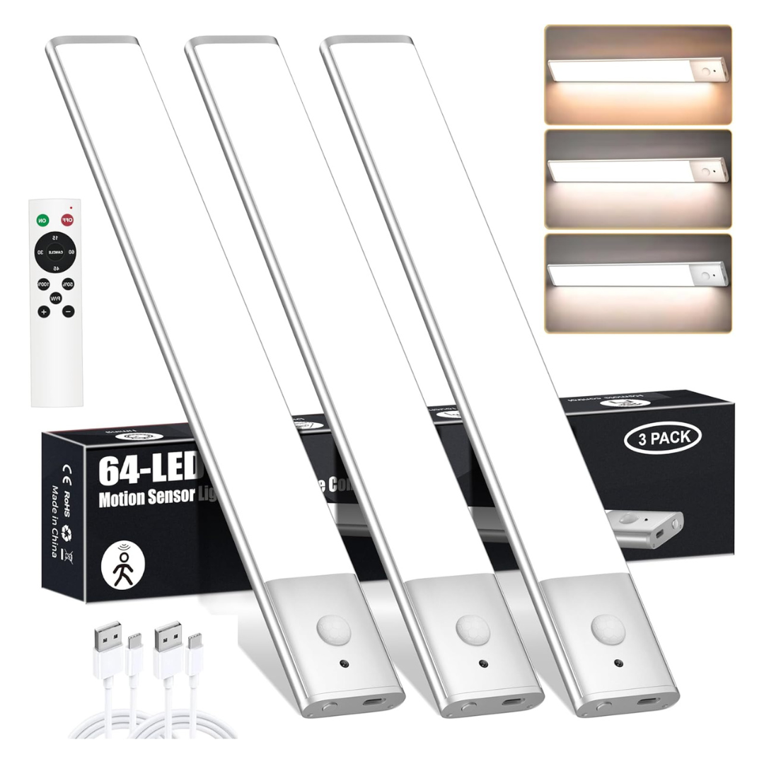 3-Pack Haigvel Under Cabinet 64 LEDs Motion Sensor Light