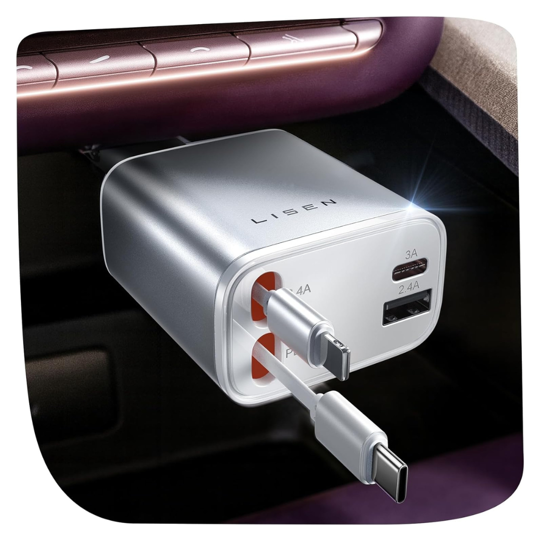 LISEN 75W Retractable 4-in-1 USB-C & Lightning Car Charger Adapter