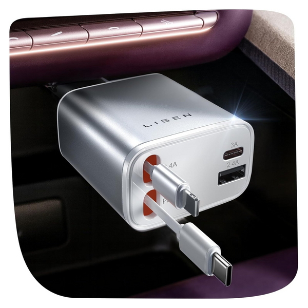 LISEN 75W Retractable 4-in-1 USB-C & Lightning Car Charger Adapter