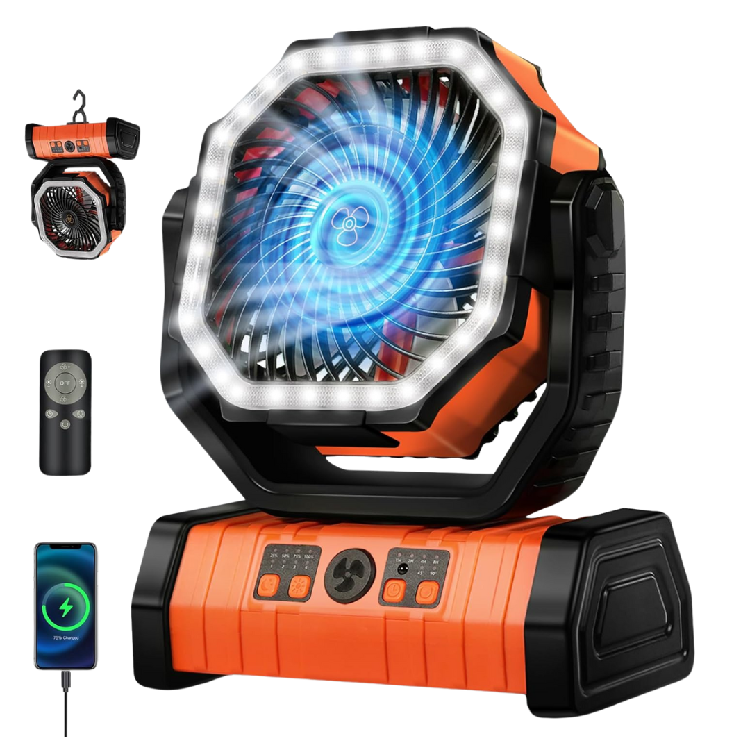 4-Speed YOGIN Camping Fan W/ LED Light, 20,000mAh Battery & USB Charging (F6)