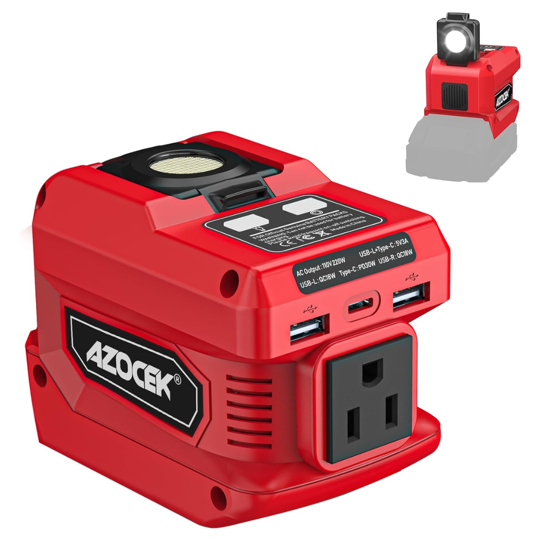 Azocek 220W/18V Battery Power Inverter Power Station W/ 400LM LED Work Light