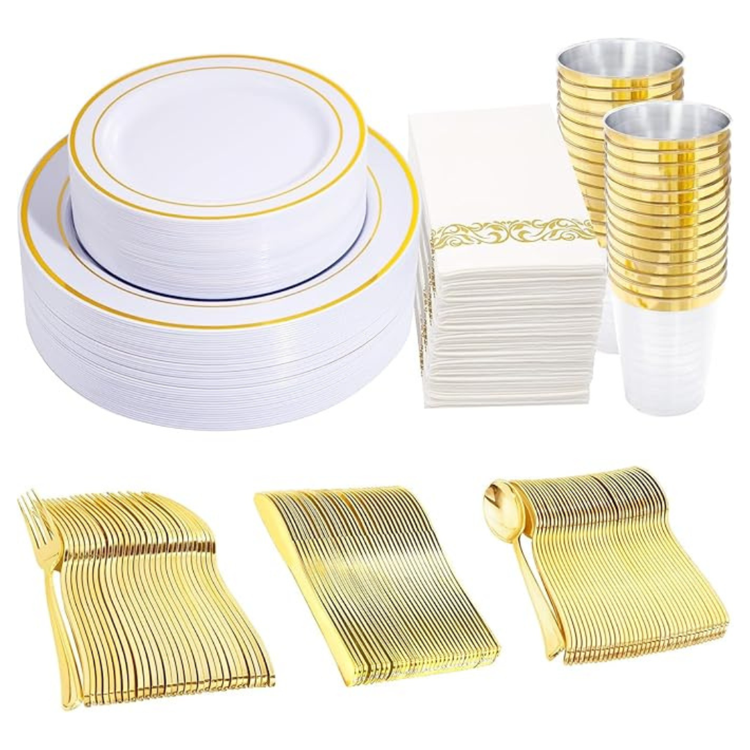 350-Pieces White And Gold Disposable Plastic 50 Guest Dinnerware Set