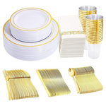 350-Pieces White And Gold Disposable Plastic 50 Guest Dinnerware Set