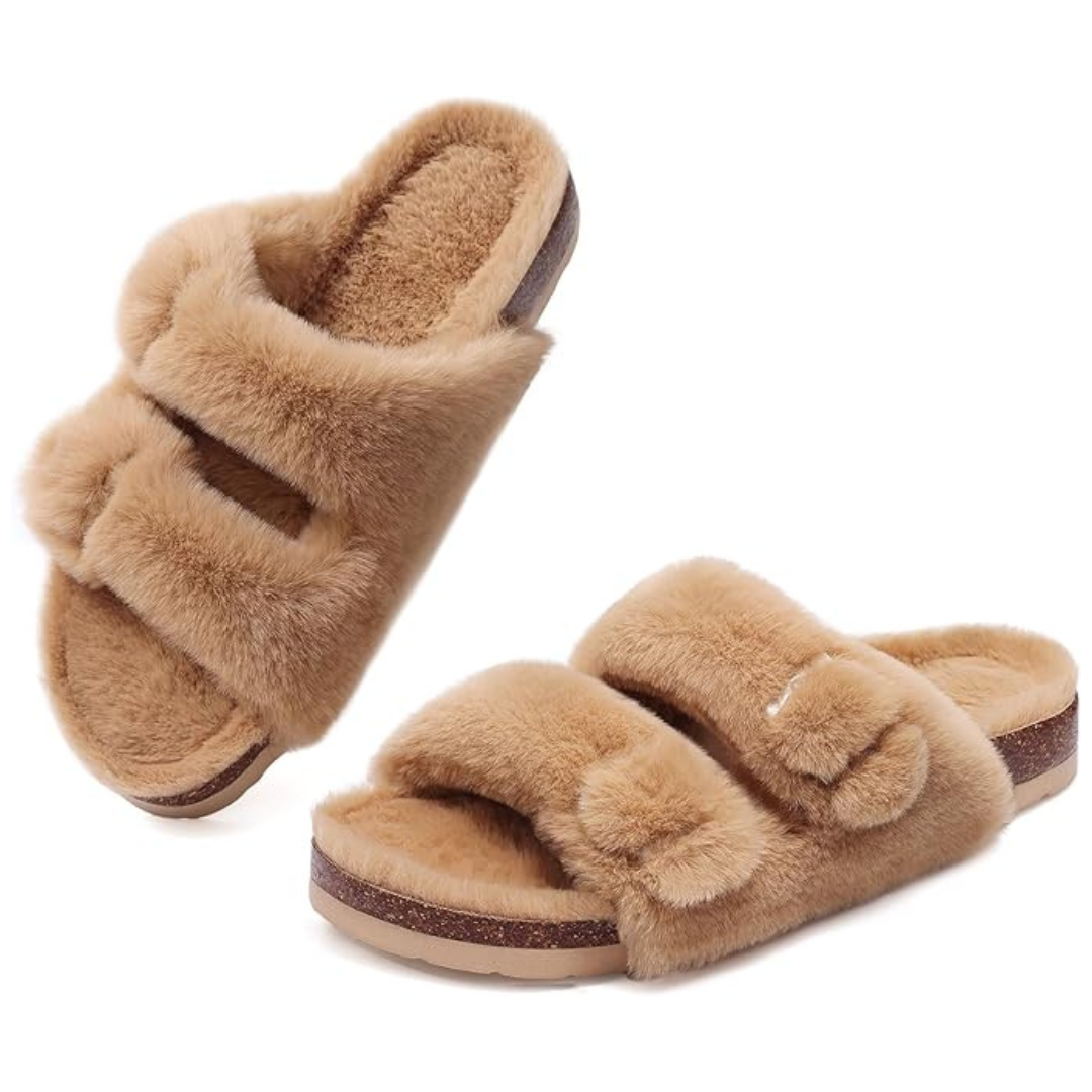 KIDMI Women's Cork Footbed Fluffy Slides Open Toe Indoor House Shoes