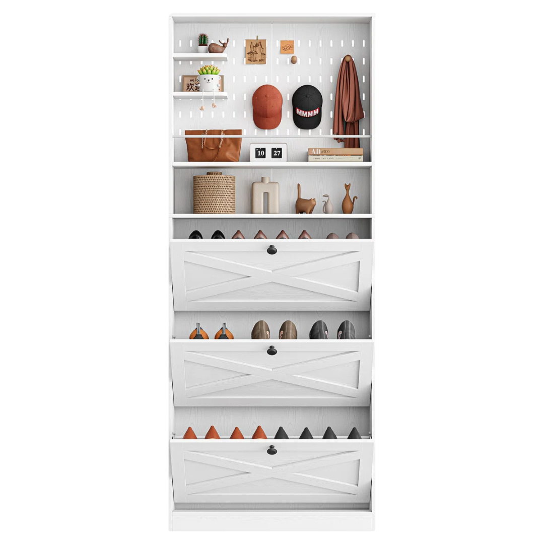 Gracie Oaks 24-Pair Shoe Storage Cabinet W/3 Flip Drawers & Coat Rack