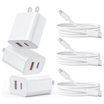 3-Pack 20W Dual Port Wall Charger With 6ft Cable