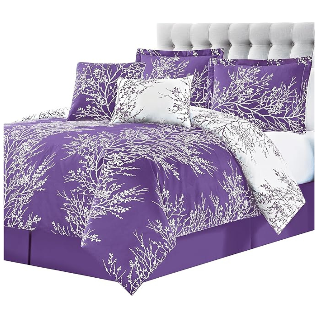 Spirit Linen 6-Piece Queen Reversible Bedding Set (Foliage Purple/Ivory)