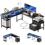 Mericonia Modern L-Shaped Computer Desk With RGB Lights & Power Outlets (2 Colors)