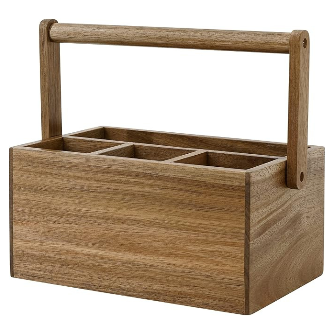 Wooden Acacia Silverware Caddy Utensil Holder With Handle