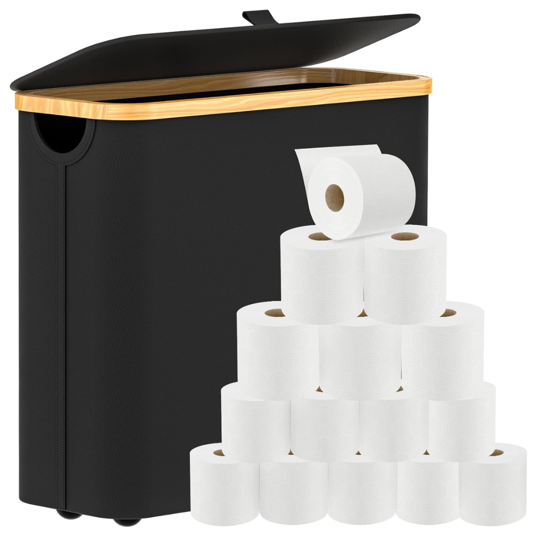 35L Bamboo Toilet Paper Basket With Lid