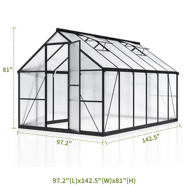 Walk-in 12ft x 8ft Polycarbonate Greenhouse w/Roof Vent
