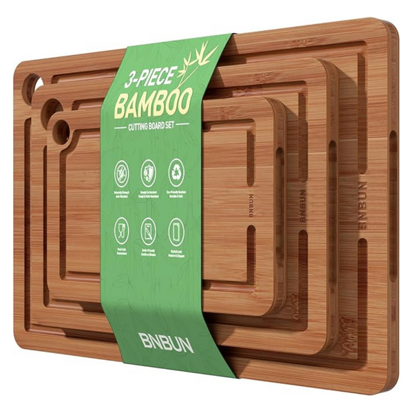3-Piece Bamboo Cutting Board Set w/ Deep Juice Groove & Built-In Handles