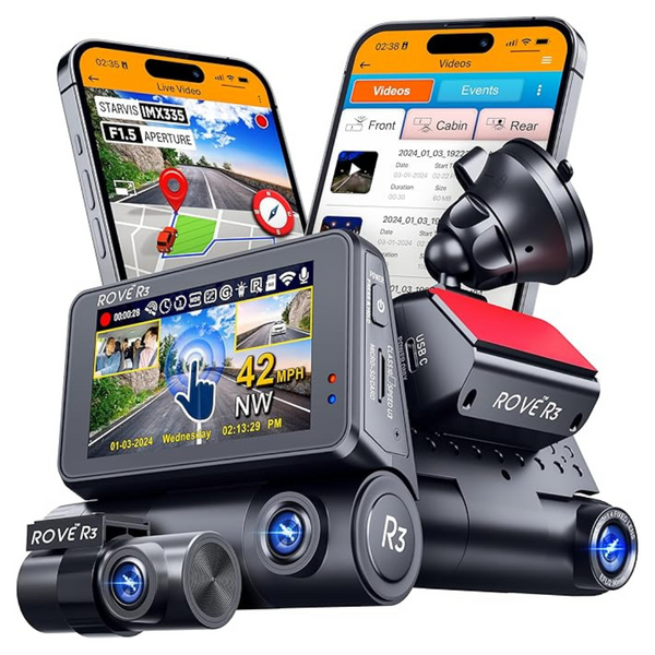 ROVE R3 Dash Cam Front And Rear With Cabin, 3" IPS Touch Screen