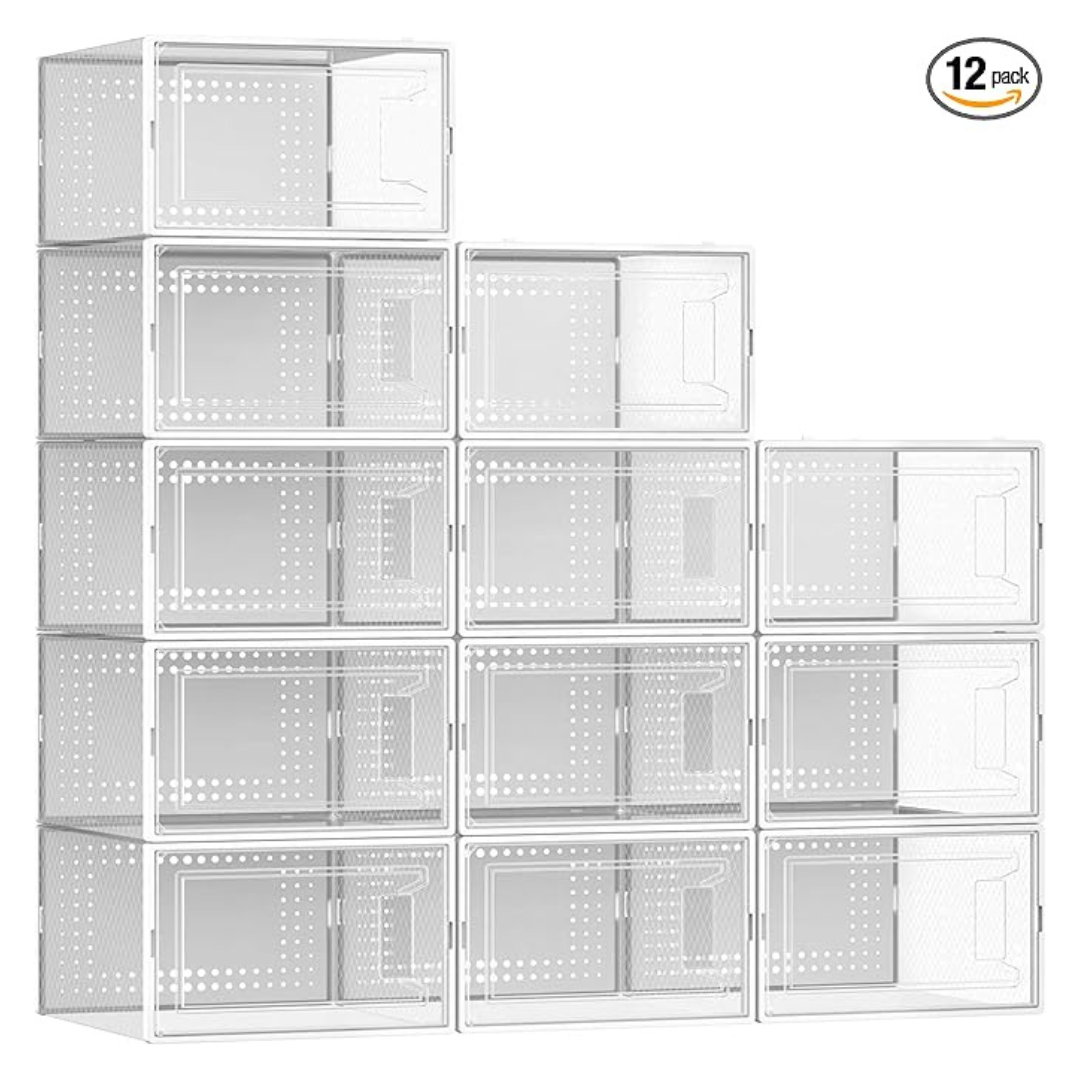12-Pack Large Clear Plastic Shoe Organizer Boxes With Lids